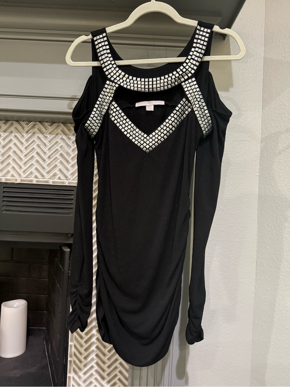 Boston Proper Black Cold-Shoulder Top with Silver Embellished Neckline